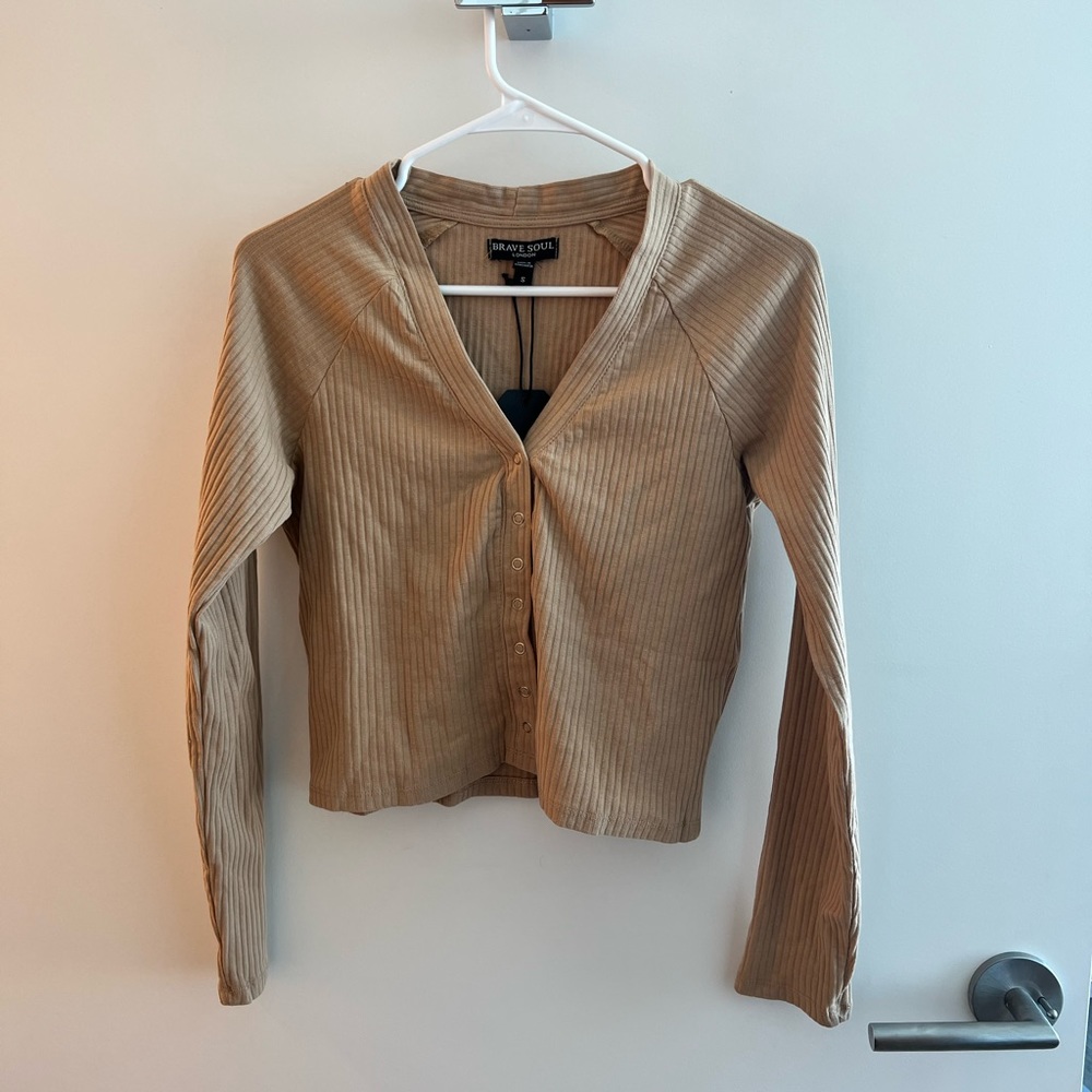 Nasty Gal Taupe Long Sleeve Ribbed Button Down Top
